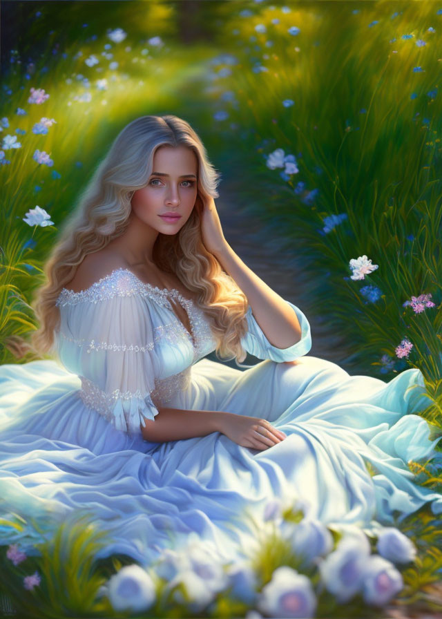 Blonde woman in blue dress surrounded by greenery and flowers