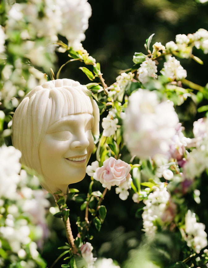 Mannequin head with smiling face and bob haircut in sunny garden with pink flowers