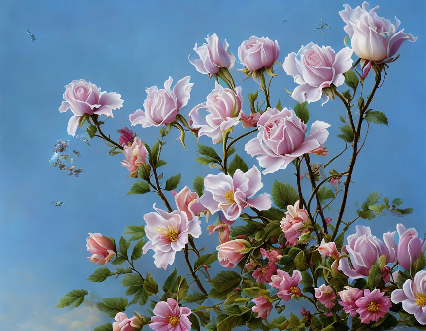 Pink and White Roses with Green Leaves on Blue Sky Background