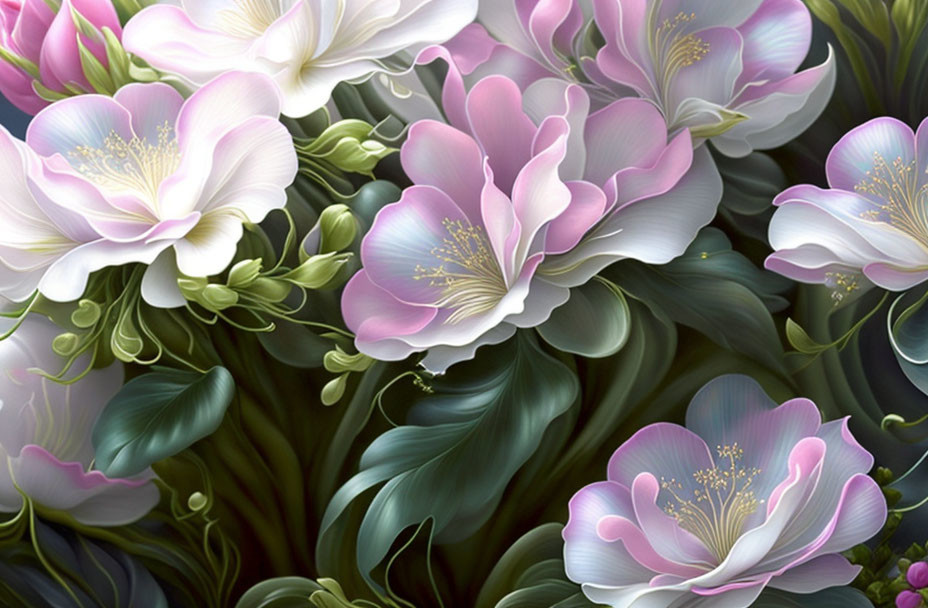 Vibrant digital artwork of lush pink and white blossoms