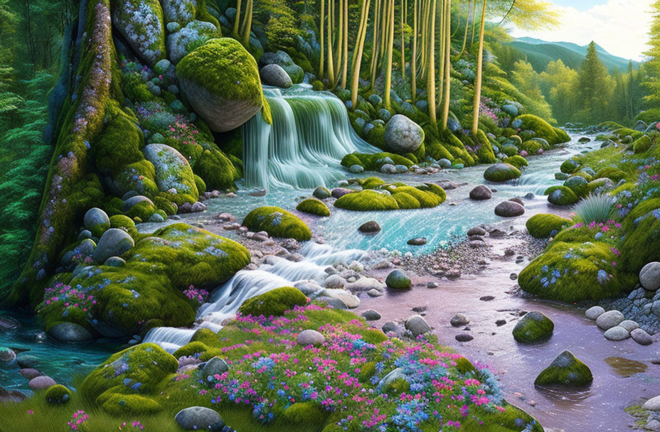 Tranquil Waterfall in Lush Forest Scene
