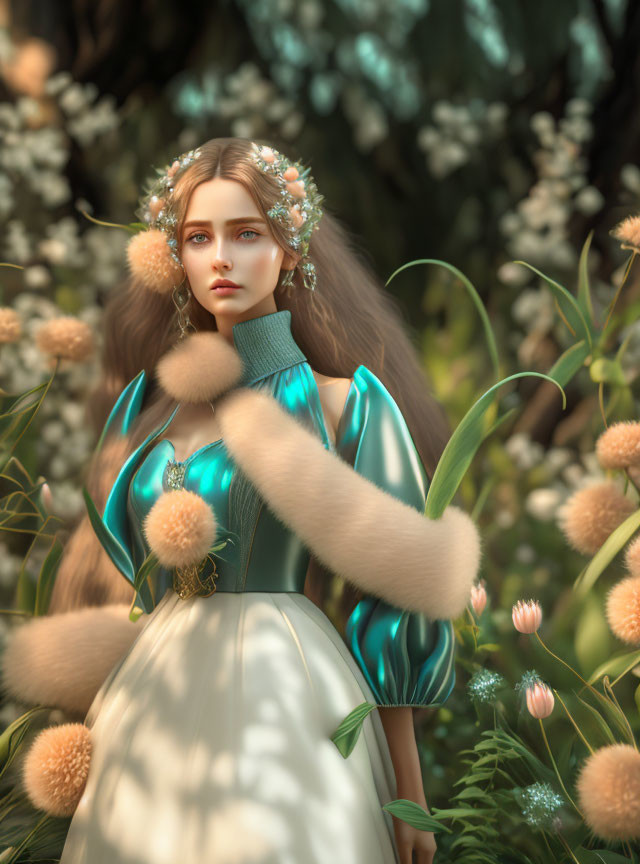 Digital art of woman with pale skin and long brown hair in floral dress surrounded by soft-focus flowers