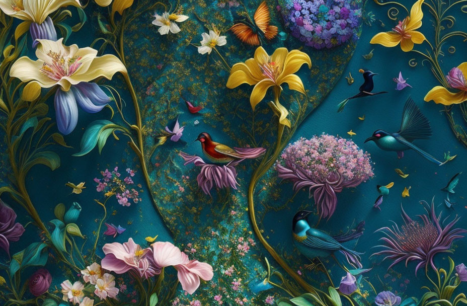 Colorful nature-themed artwork with birds, butterflies, flowers, and golden vines on teal background