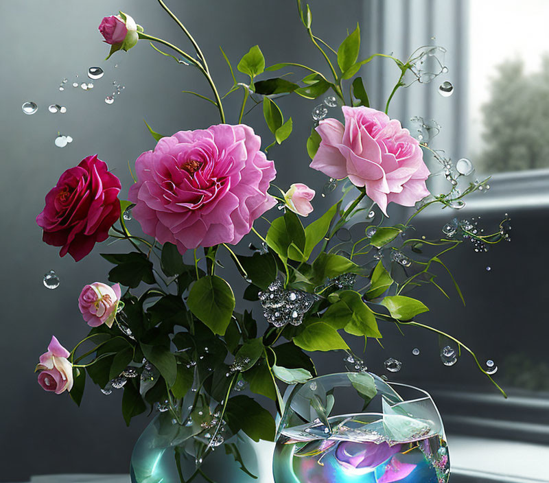 Pink Roses in Glass Vase with Bubbles and Rainbow Prism Effect