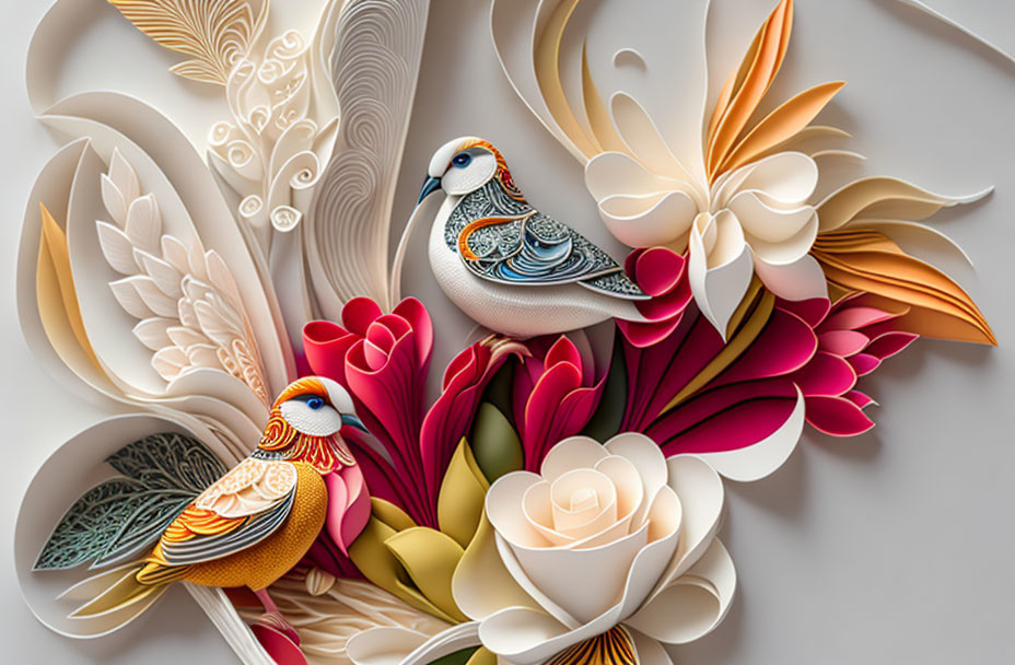 Colorful Paper Art Display: Two Birds Among Paper Flowers