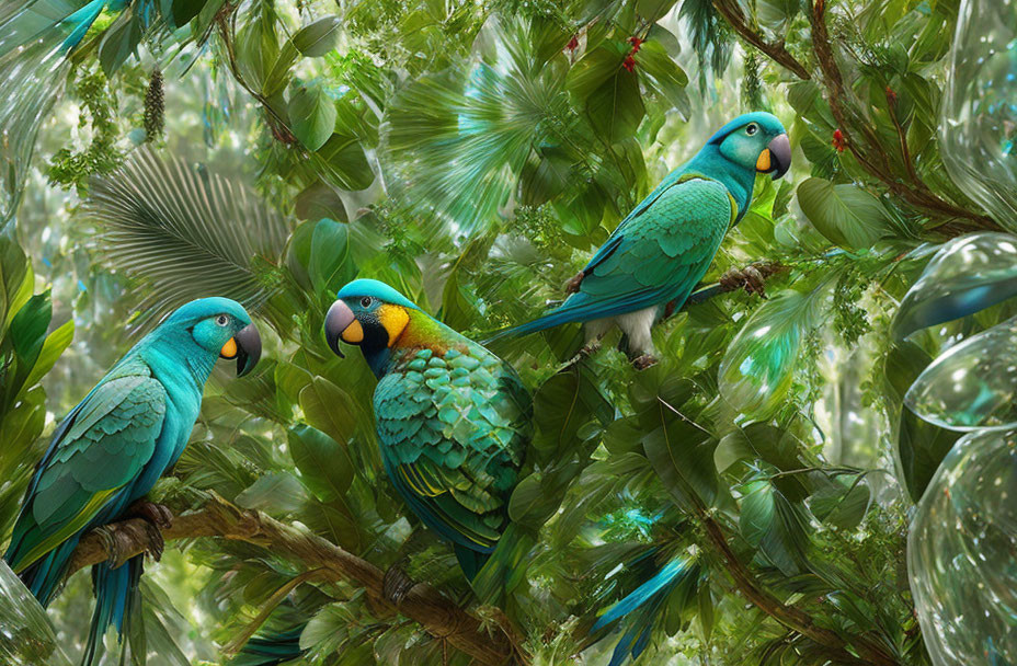 Colorful Macaws in Green Foliage Display