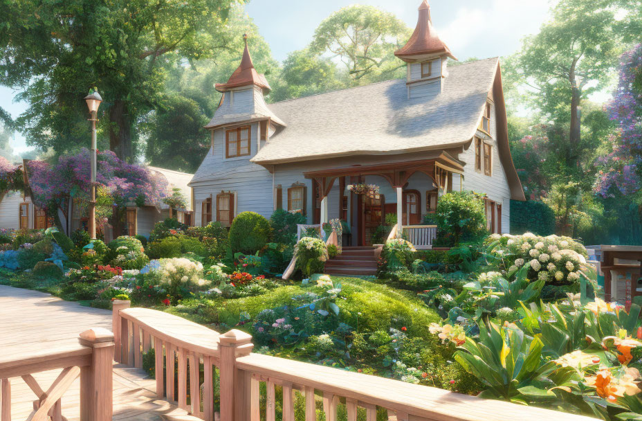 Victorian house with lush gardens and wooden bridge