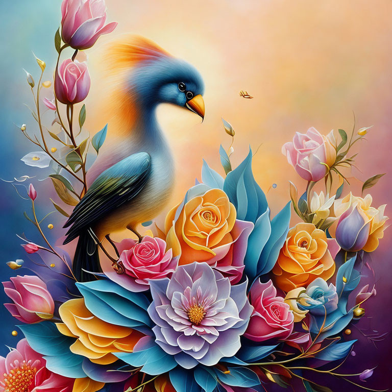 Colorful Stylized Bird Among Roses and Blue Flowers on Gradient Background