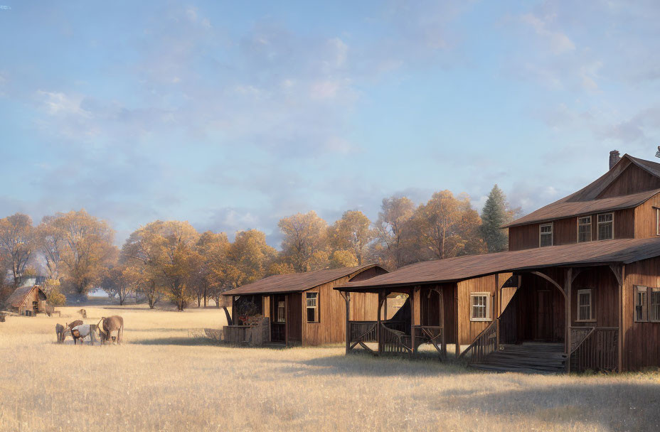 Rustic wooden buildings with porches in peaceful meadow, horses grazing under partly cloudy sky