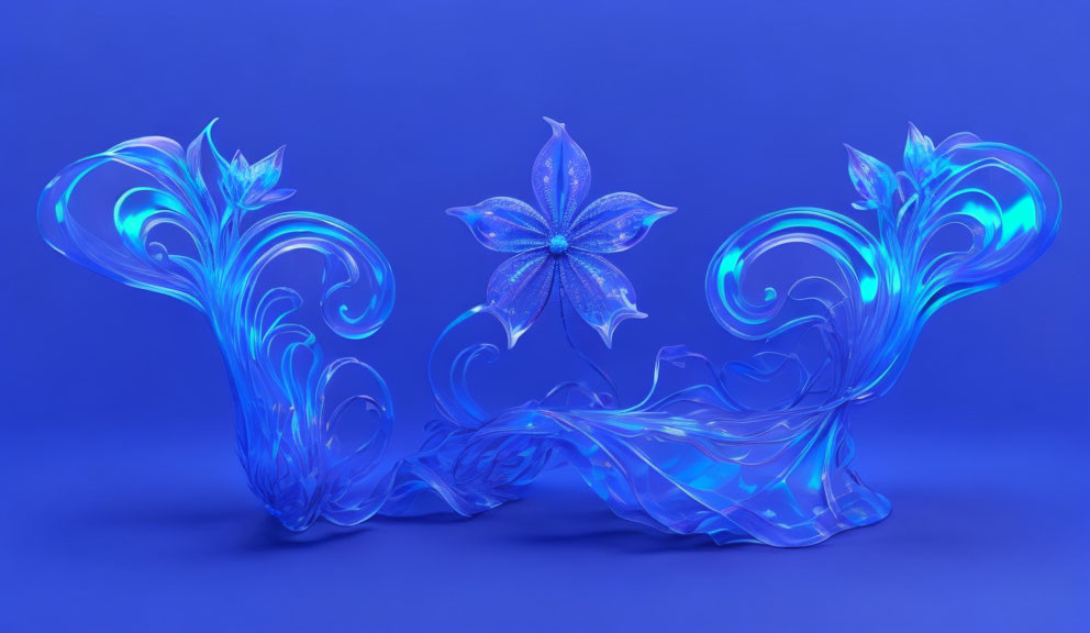 Blue Glowing 3D Floral Shapes on Solid Background