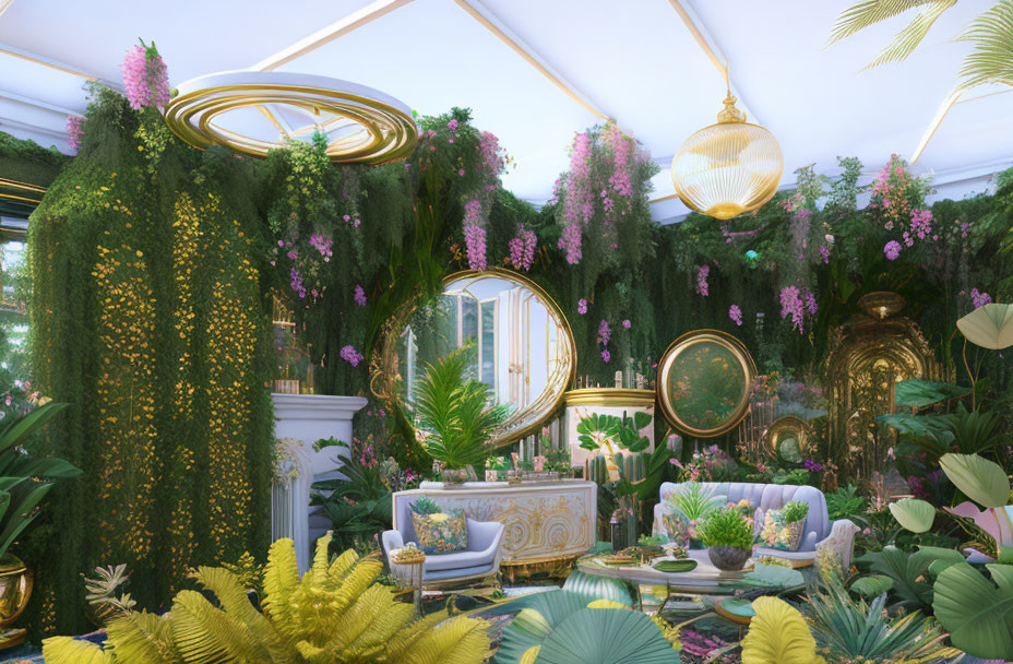 Indoor garden with hanging plants, golden accents, mirrors, and white furniture