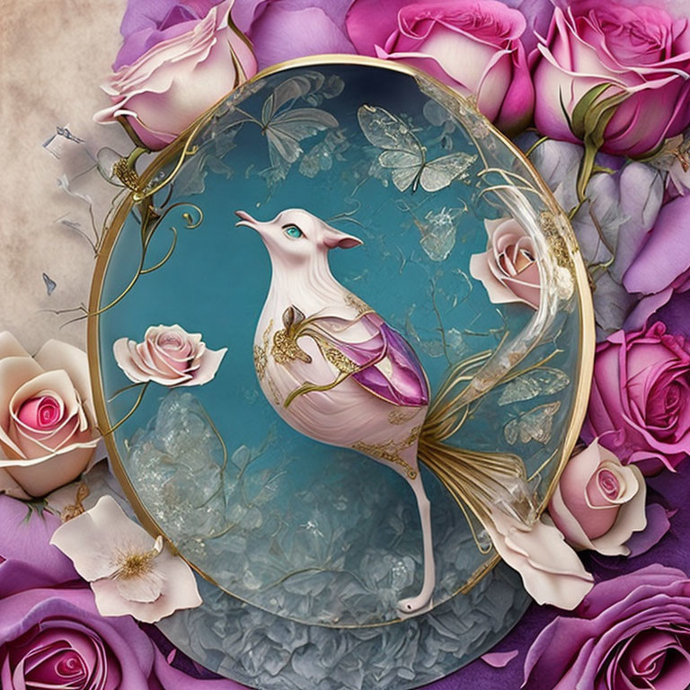 Stylized bird with floral and gold accents in circular frame surrounded by roses