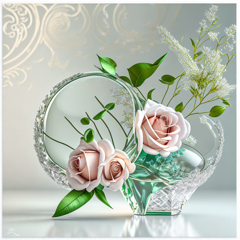 Crystal vase with pink roses, white flowers, and green leaves on reflective surface.