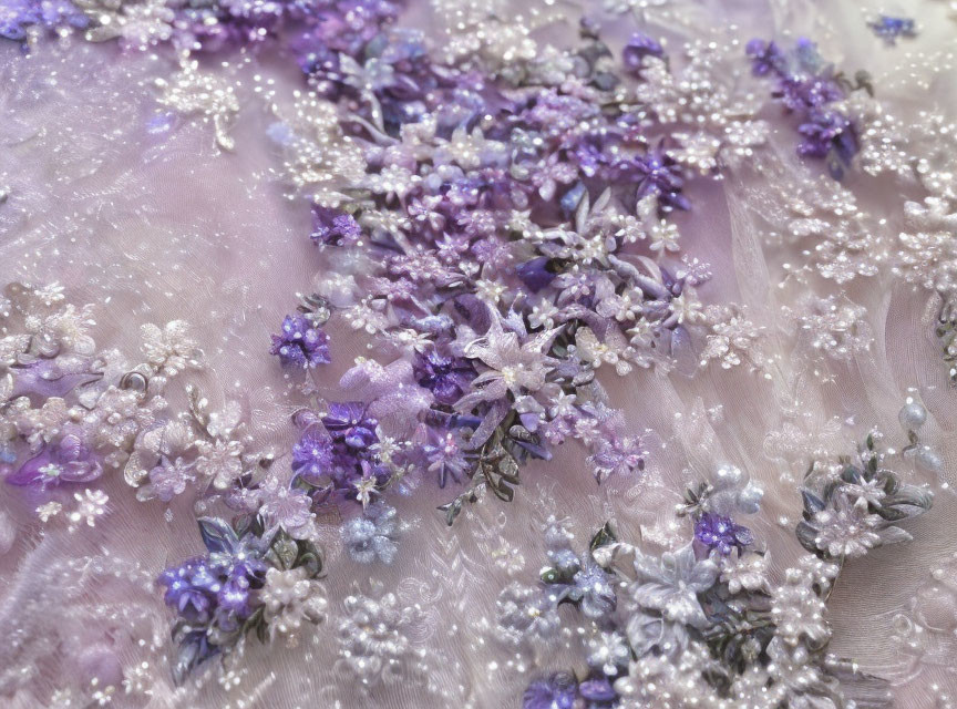 Lavender and Purple Floral Embroidery on Sheer Pastel Fabric