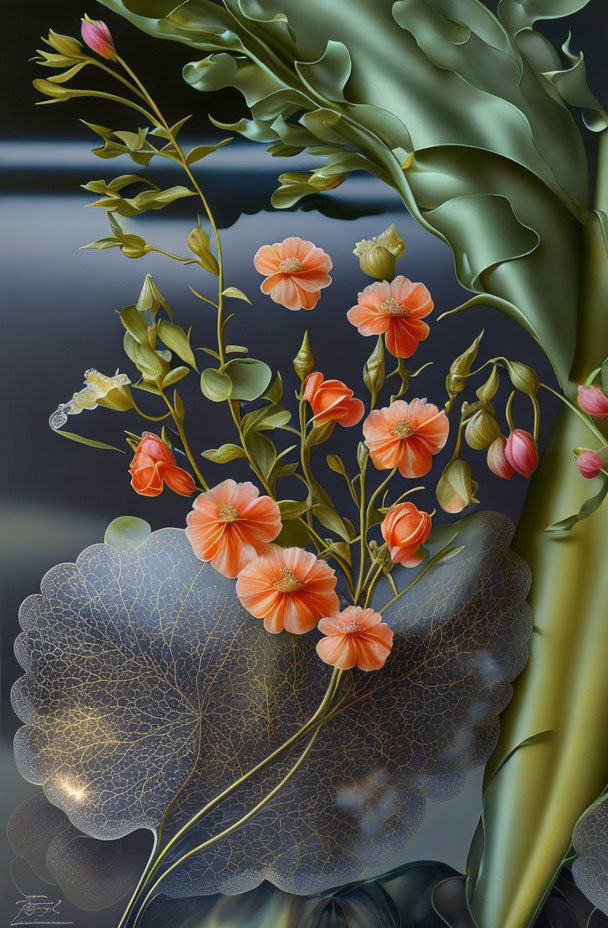 Vibrant orange flowers and translucent leaf in digital painting