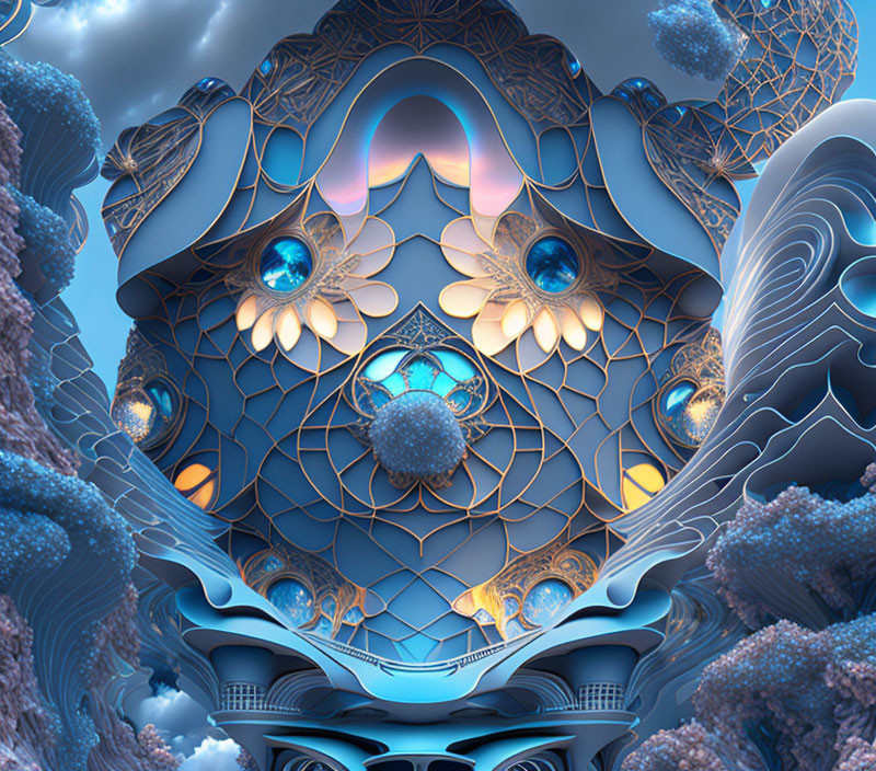 Intricate Blue and Golden Fractal Landscape with Floating Orbs