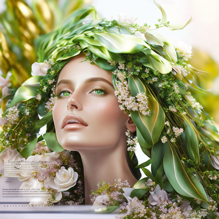 Digital artwork: Woman with leaf crown and white flowers, green eyes.