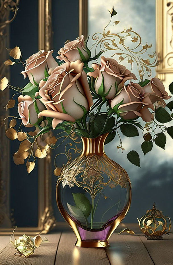 Luxurious Pale Roses in Ornate Golden Vase with Blue Drapes