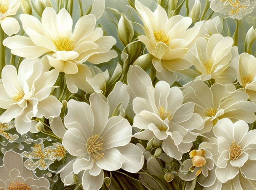 White Flowers with Yellow Centers and Green Foliage in Delicate Arrangement