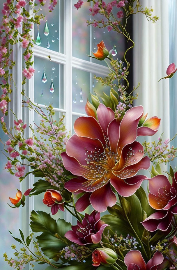 Detailed digital painting of vibrant pink flower against rainy window