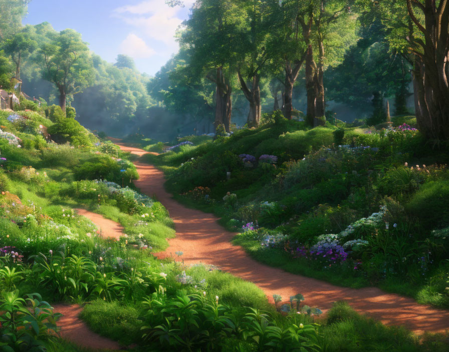 Tranquil Forest Path with Sunlight and Wildflowers