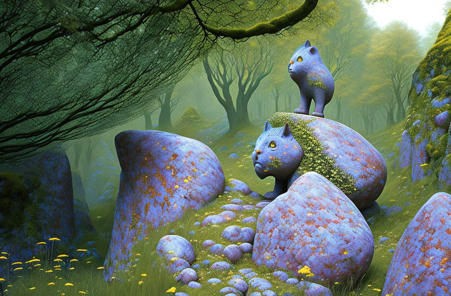 Whimsical forest scene with blue cat-like creatures and colorful surroundings