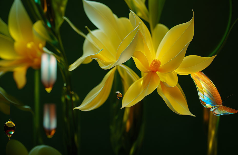 Vibrant yellow blooms with butterfly and dewdrops on dark backdrop