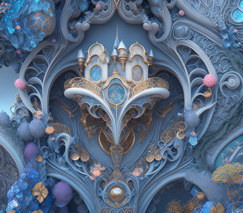 Intricate Gold and Blue Castle in Baroque Frame with Blossoms