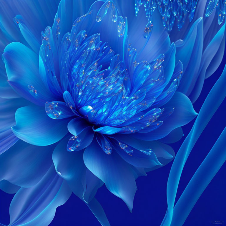 Vibrant blue flower with shining droplets on petals against matching background