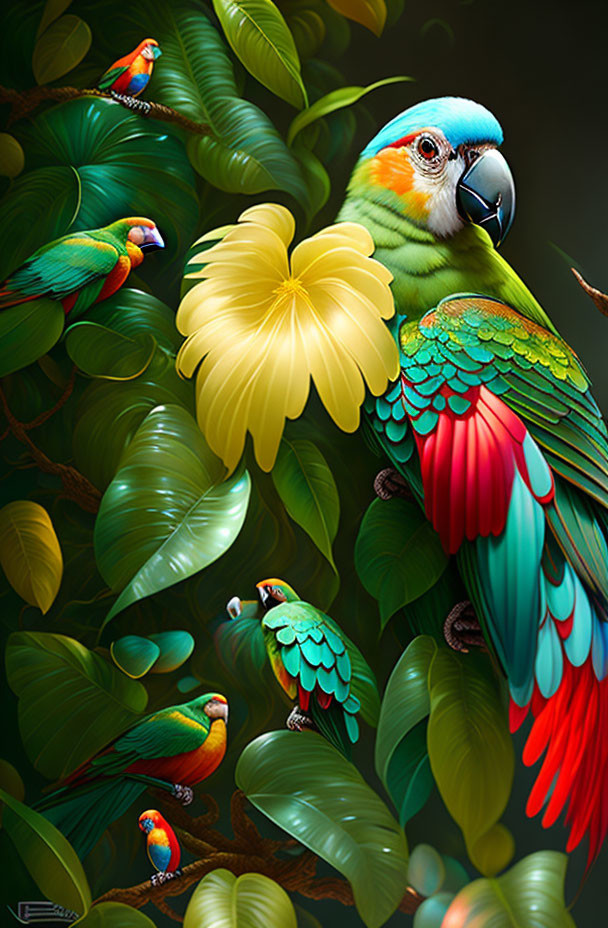 Colorful Parrot Illustration Among Green Leaves and Flowers