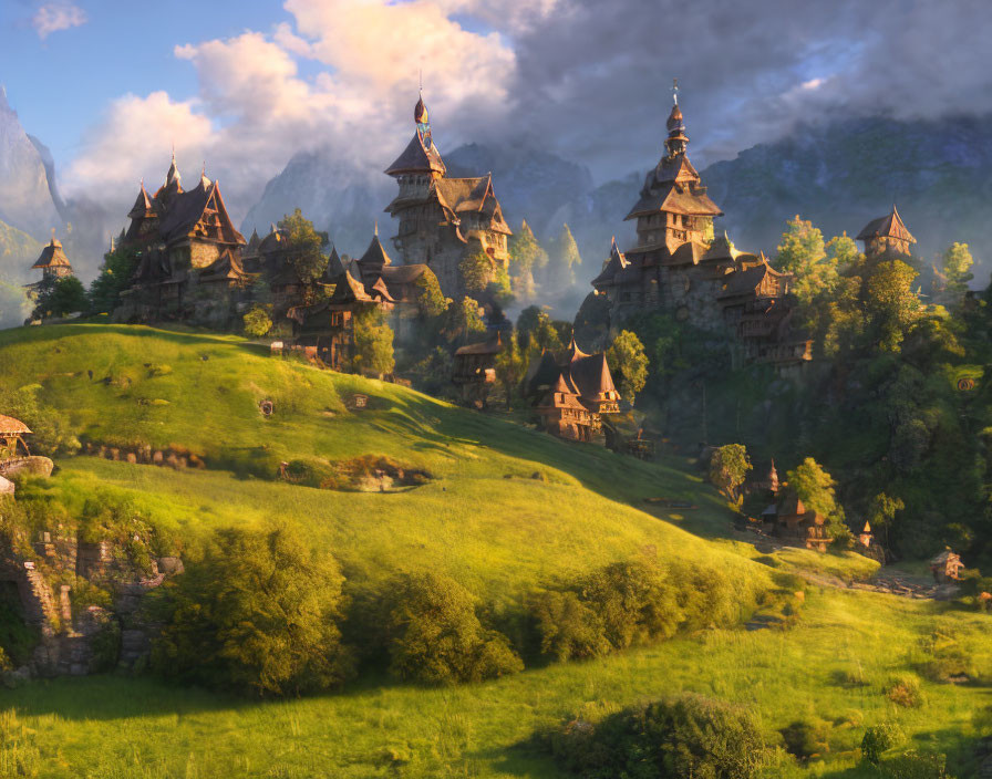 Fantasy Village with Towering Spires in Green Hills at Sunset
