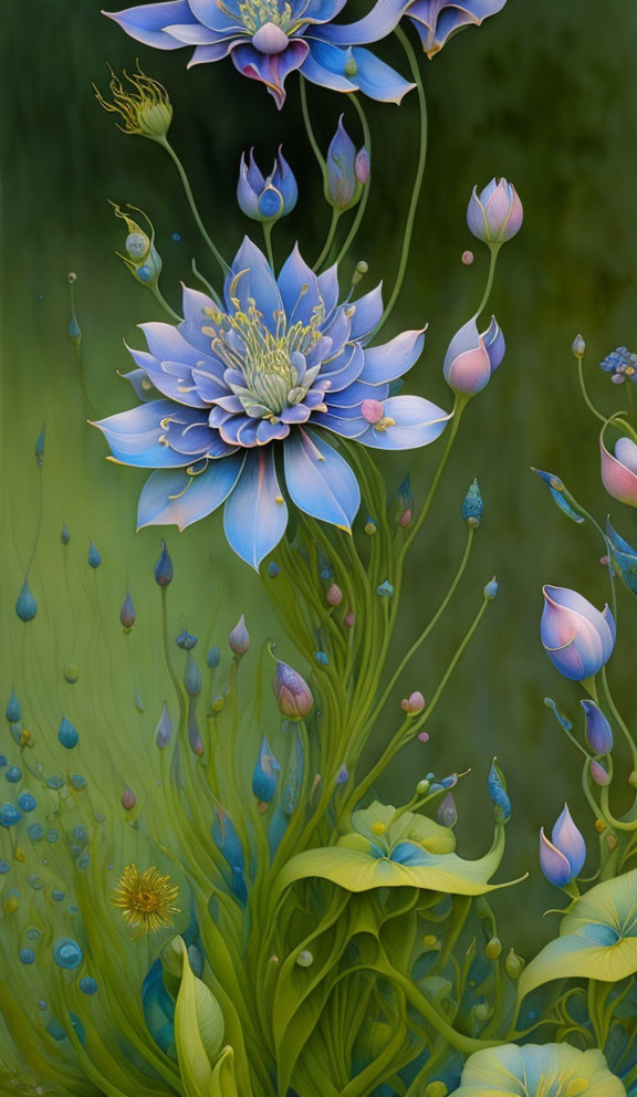 Surreal blue lotus flower in digital art with intricate details