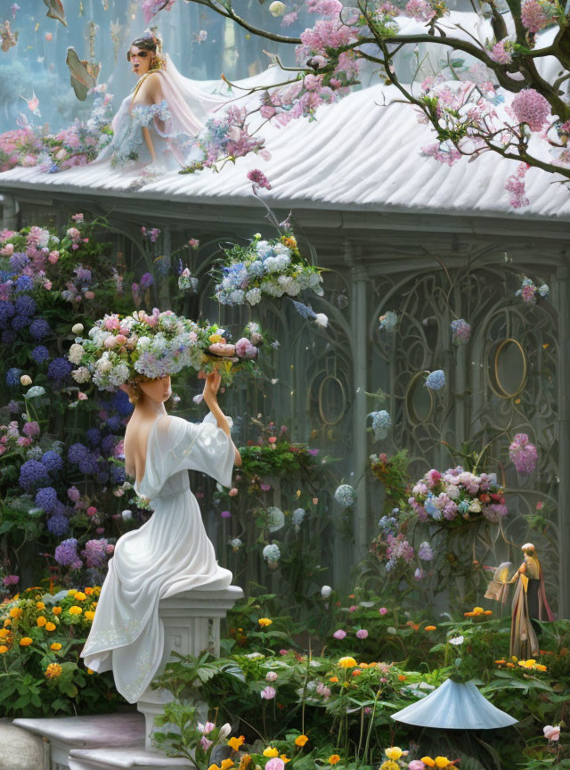 Enchanting garden with floral statues and floating blossoms