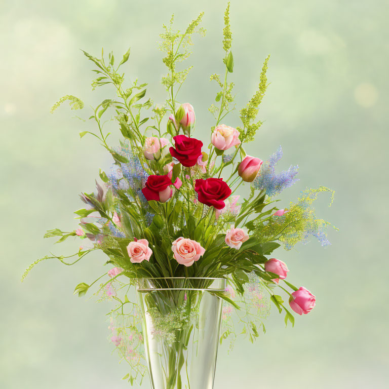 Colorful Flower Bouquet with Red and Pink Roses in Glass Vase