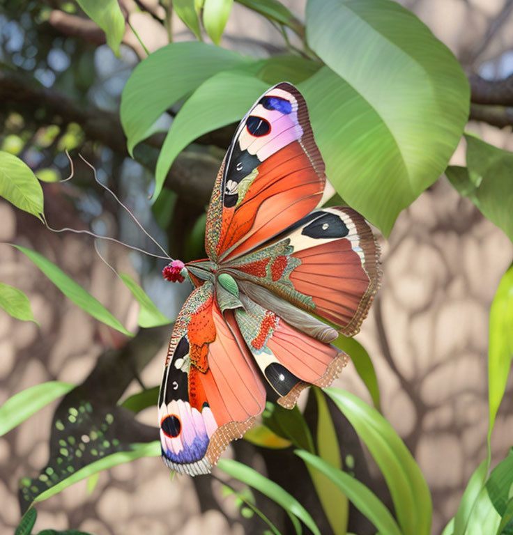 Colorful Butterfly with Intricate Wing Patterns on Green Foliage