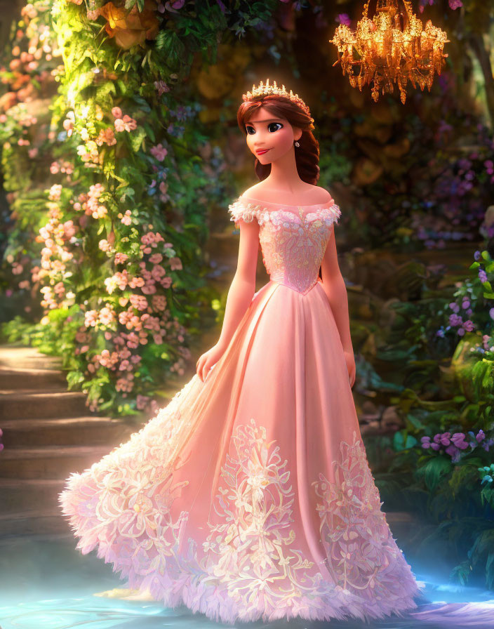 Animated princess in pink gown in enchanted forest with flowers and chandelier.