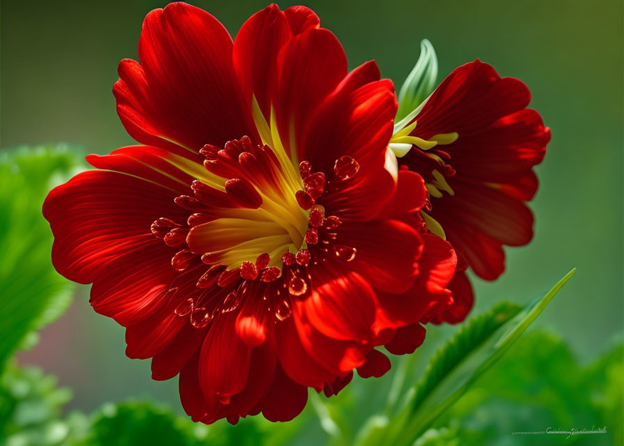 Vibrant red flower with yellow stamens and water droplets on petals