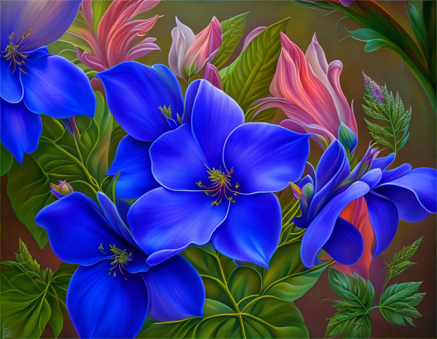 Colorful painting of blue and pink blooms with green leaves and detailed petals.