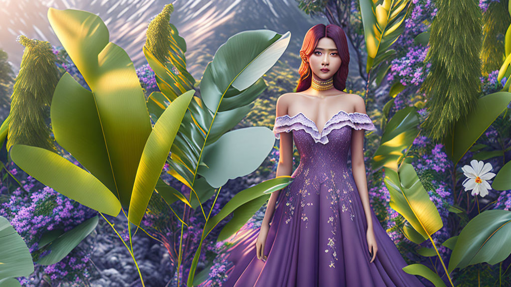 Red-haired woman in purple dress surrounded by lush forest