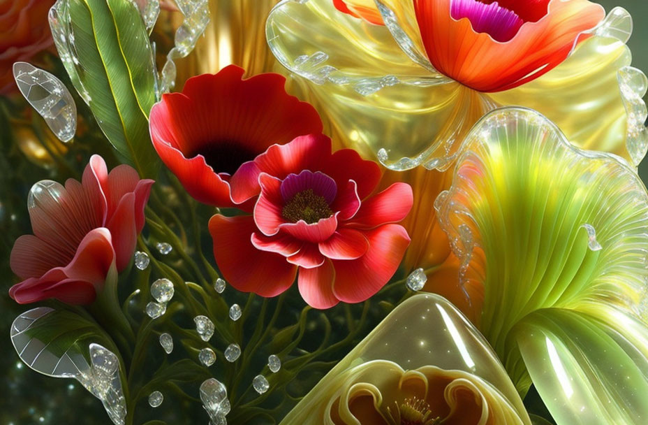 Colorful digital art: Stylized fantasy flowers with luminous petals
