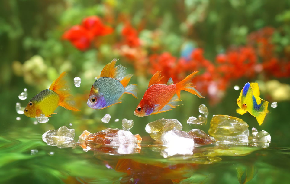 Colorful Tropical Fish "Flying" Above Water Surface with Crystals and Red Flowers