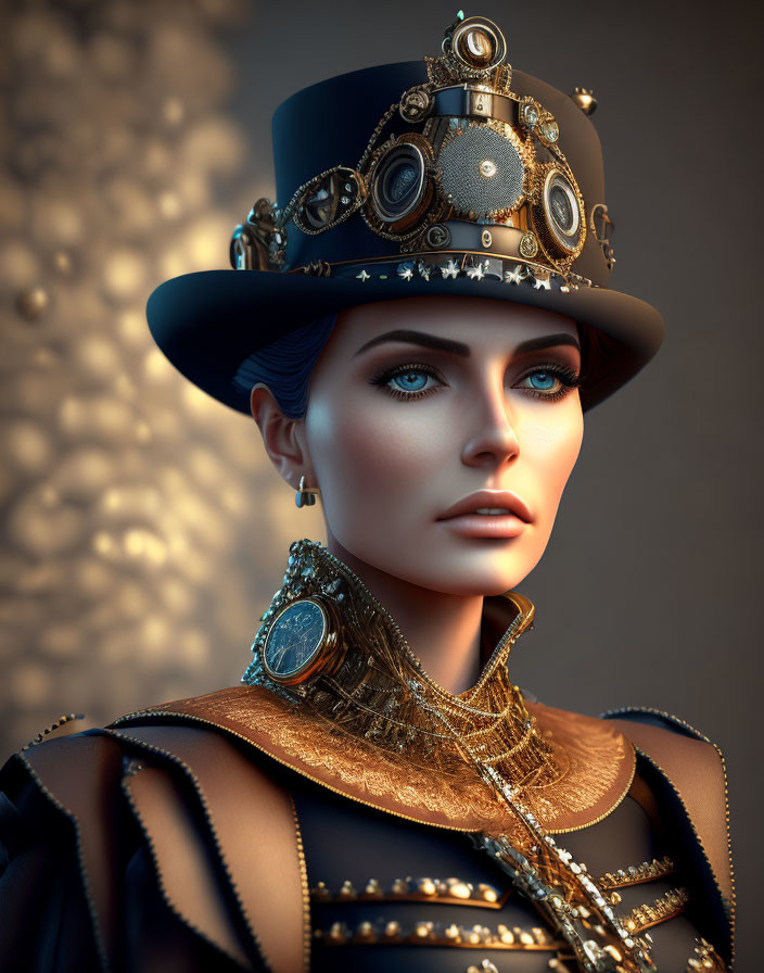 Portrait of woman with blue eyes in steampunk hat & gear shoulder piece