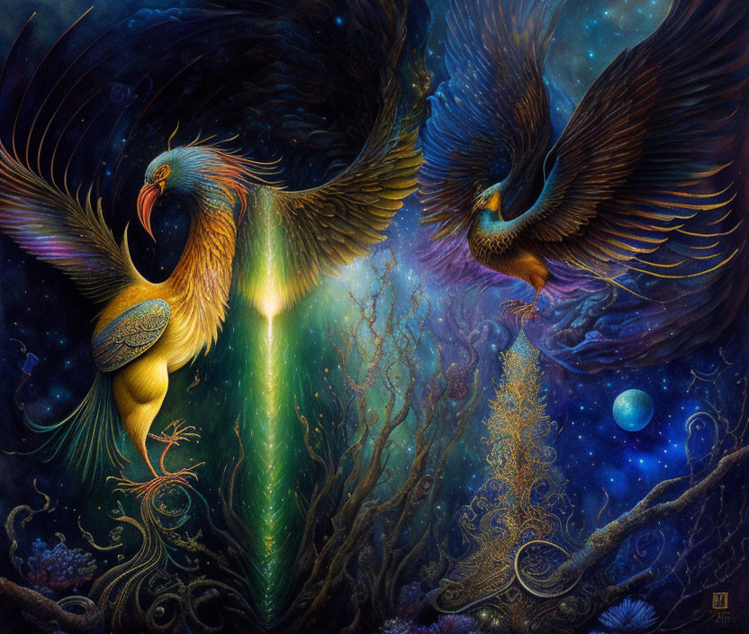 Vibrant mythical birds with expansive wings in celestial setting