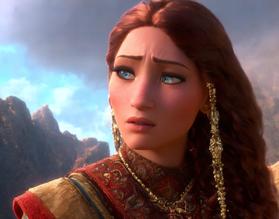 Animated female character with blue eyes, braided hair, gold accessories, and red medieval attire in close