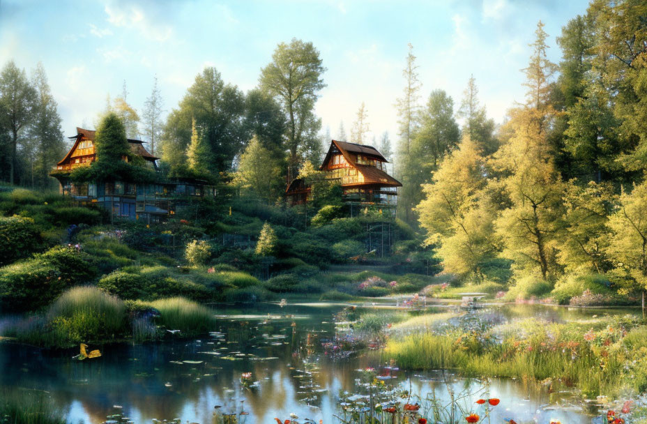 Traditional wooden houses in lush landscape by tranquil pond