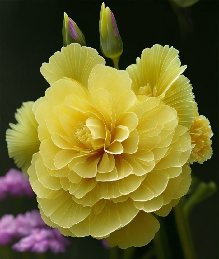 Bright yellow begonia flowers on dark background with blurred purple blooms