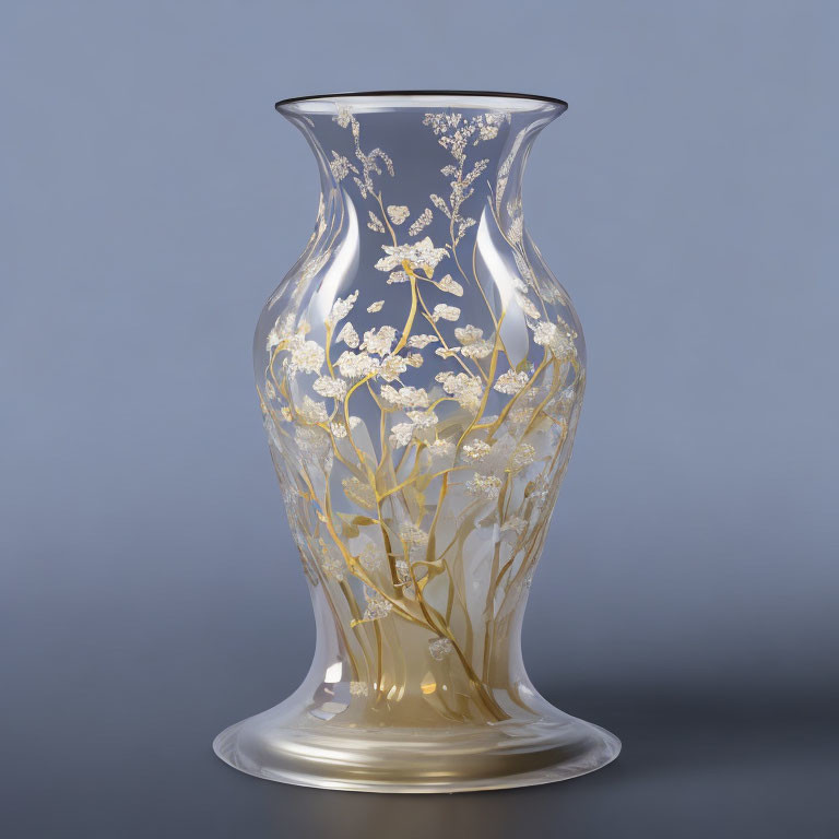 Gold Floral Etchings on Elegant Glass Vase Displayed Against Neutral Background