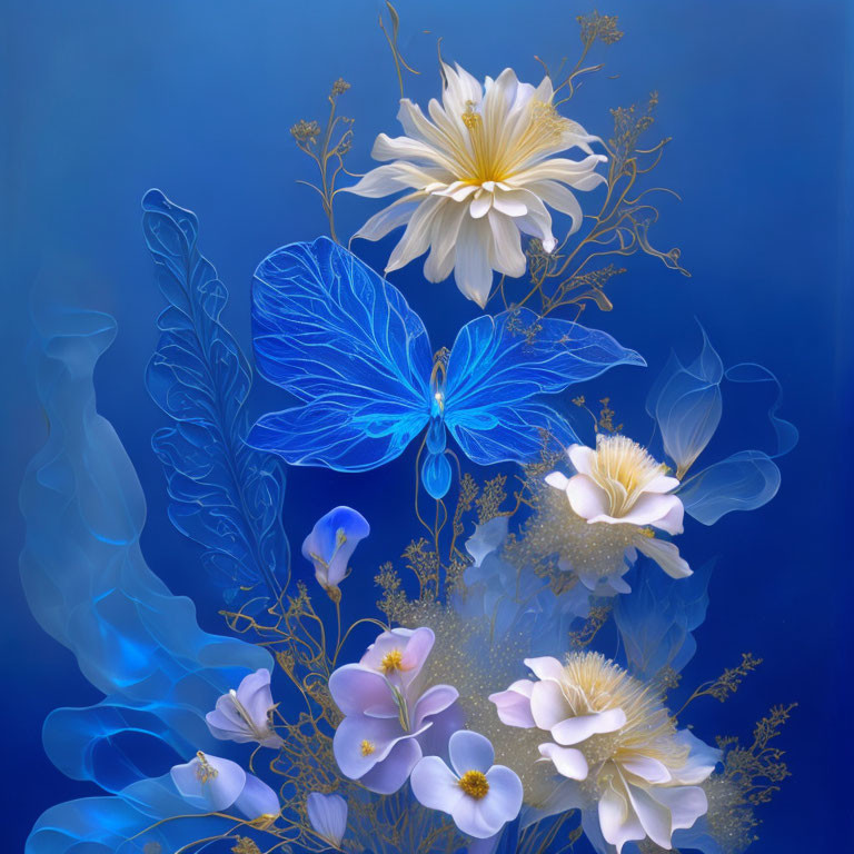 Ethereal blue and white flowers with golden filigree on deep blue background