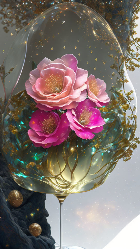 Transparent bubble with pink flowers and gold accents on rocky base with golden branches and orbs