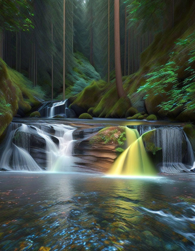 Tranquil forest waterfall with moss-covered rocks and sunlight beams